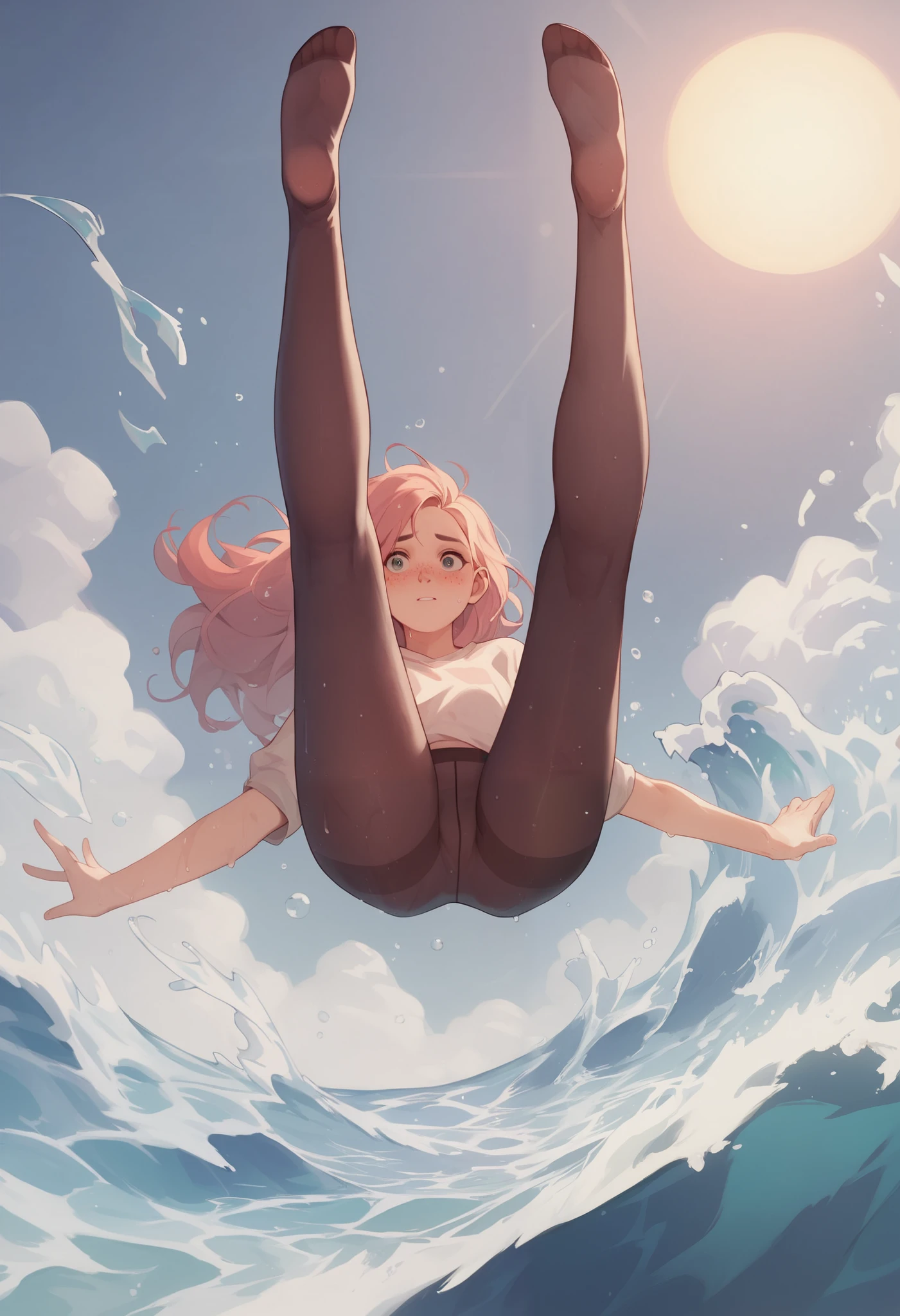 ( best quality)), ((masterpiece)),  Top Quality ), 1girl, Gymnast, lol, {{ocean}}, freckle,  blush,  stares at the audience, cloud, splash, waves, sun, Wet , (((shiny tights))), ((Flexible))