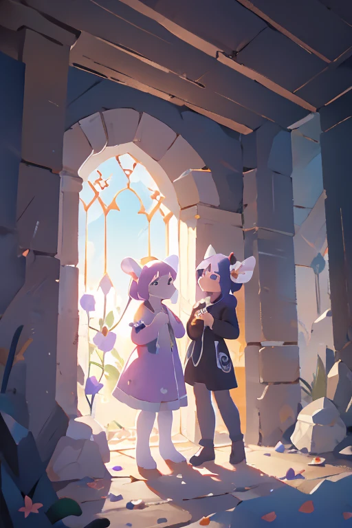  Two Girls with Running Bipedal Goats, anthro,  wild goat, female goat , break, white goat head, ( purple hair), Straight bangs,  Trimmed Back Hair ,  green eyes, White body,  Black Horns  ,  white goat ears , Fluffy, break,  standing in the dark ,  Glowing Gem Light ,  Glasswork Flower  ,  light shines in through a window,   Jewel Flowers Growing on the Ground 