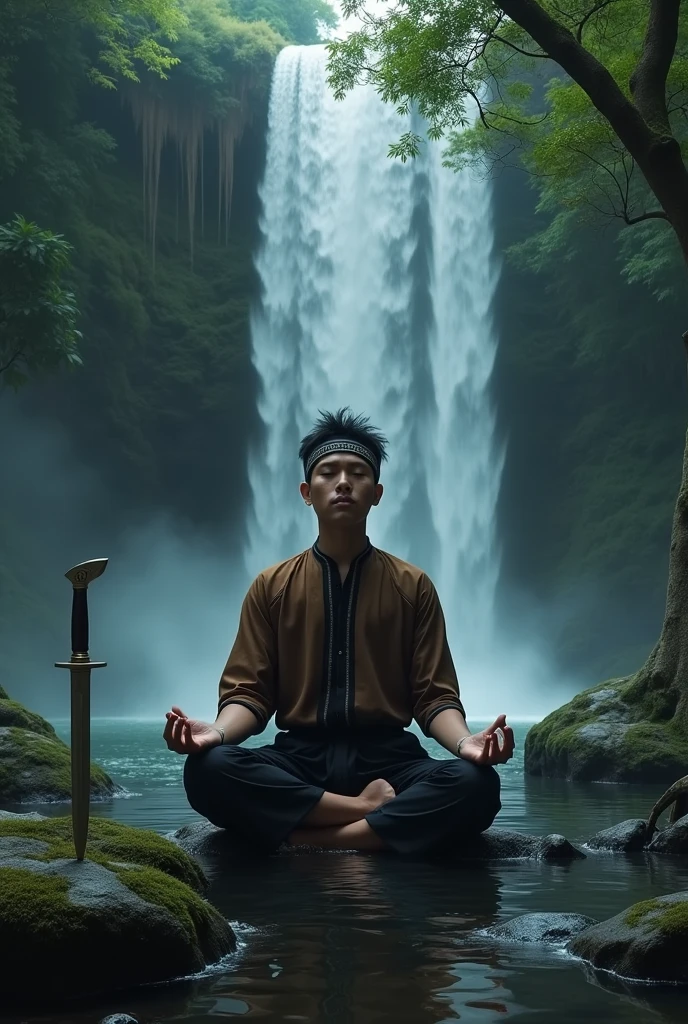 muscular young Japanese man meditating under a waterfall, water falls on him and wets his body, winter, icy water, wears beige sports pants, 4k, Ultra detailed image, realistic, Highly detailed, perfect composition, splendid, Intricately detailed, Incredibly detailed, 8 k artistic photography, hyper detailed, Masterpiece, Ultra detailed, Hyperrealistic, 4k, Ultra detailed image, realistic, Highly detailed, perfect composition, splendid, Intricately detailed, Incredibly detailed, 8K fine art photography, hyper detailed, Masterpiece