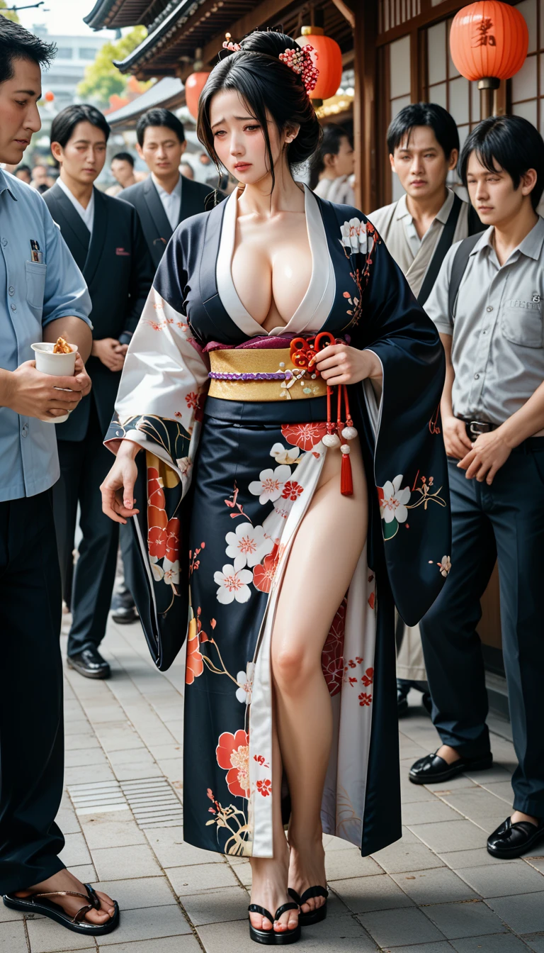 comic,nsfw,anime colored,japanese,mature woman,40 years old ,black hair,Japanese hairstyle，Beautiful long-sleeved kimono，Kimono,large breasts,Awkward, Shy,((huge black public hair:1.2)),vagina ,partially undressed,in public street,kyoto,HighQuality,full body,boys,gangbang,rape,sex