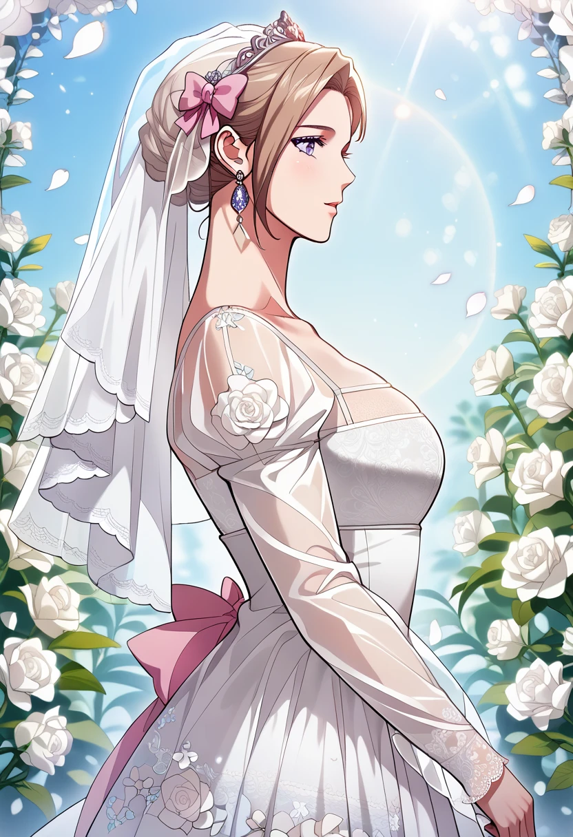 (​masterpiece, top-quality, top-quality, Official art, Beautifully Aesthetic:1.2), blue eyes, (highest quality, masterpiece painting:1.3), immature woman, , (half body shot), masterpiece, ultra high resolution, (((bridal veil, lace-trimmed dress, see-through, wedding dress, outdoors, white roses, (long sleeves:1.2), pink bow,))), Decorative panel, abstract art, (shot from a side angle), (Photoreal:1.0), ((light brown hair)),straight hair, beautiful shining hair, white and shining skin, Painterly, sketch, Texture, off shoulder, 超A high resolution, solo, Beautiful Women, A highly detailed, (Fractal Art:1.1), (colourfull:1.1), (florals:1.6), The most detailed, (Zentangle:1.2), (Dynamic Poses), (Abstract background:1.3), (shinny skin), (Many colors:0.8), (earrings:1.4), (pluma:0.9), Taisho romance,