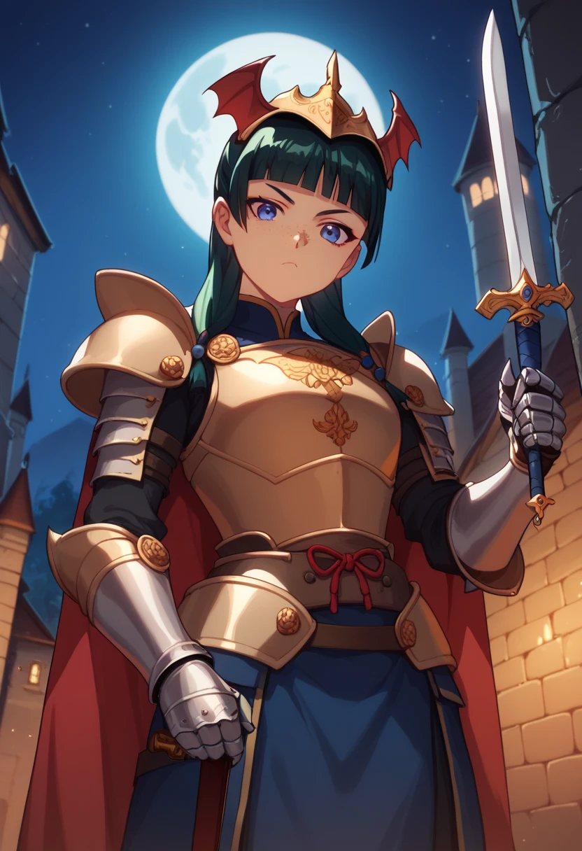 score_9, score_8_up, score_7_up, maomao, 1girl, solo, petite, (bored:0.8), cowboy shot, looking at viewer, piercing gaze, sword, weapon, holding weapon, head tilt up, from below, knight, armor, cape, shoulder armor, gauntlets, breastplate, helmet, pauldrons, red cape, haunted castle, gargoyle, stone walls, night, moon, halloween, blue eyes, dark green hair, blunt bangs, freckles,