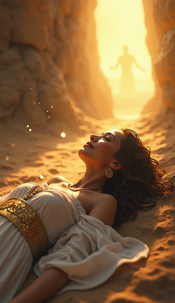 (high qualiy,4K,8k,high resolution,work of art:1.2),ultra detali,realisitic:1.37,a Hebrew woman lying on the ground, old times, terrifying landscape, Sodomites in the background observing the Hebrew woman, Illustrations, bright coloured, tom of yellow color, dramatic lighting