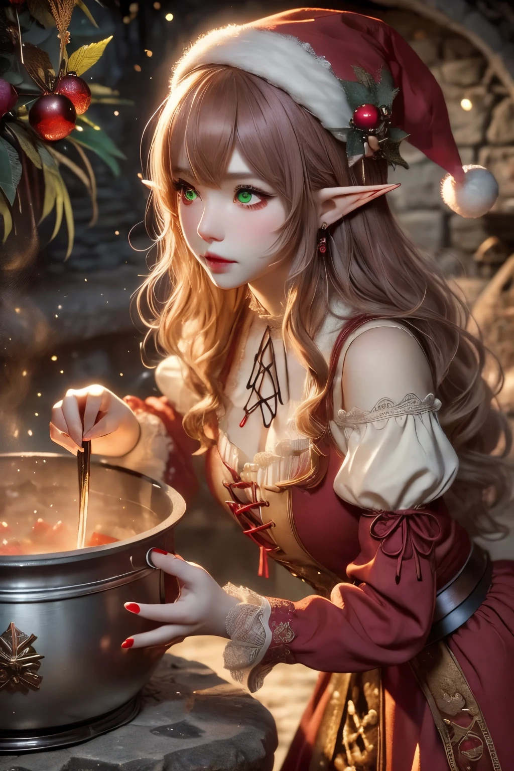 (Ultra-detailed face, Looking away, Fantasy Illustration with Gothic. Dark tone colors.), BREAK 
(Eladrin's female Santa Claus is in a medieval European-style stone kitchen furnace, simmering a large pot of stew, stirring it with a large spoon and tasting it with a small spoon.), BREAK 
(Eladrin's young female Santa Claus has honey-colored hair and eyebrows, blunt bangs, waist-length wavy hair, green glowing eyes, small pink lips, light skin tone, and dark, thick eyeliner. Smile.), BREAK 
(Eladrin's female Santa Claus wears a Santa hat with white pom-poms and a deep red Santa Claus-style lace-up dress with traditional medieval European-style white lace. She wears a large Hermes scarf wrapped around her waist and a curved Middle Eastern-style dagger. She wears simple crimson laced-up sandals.)