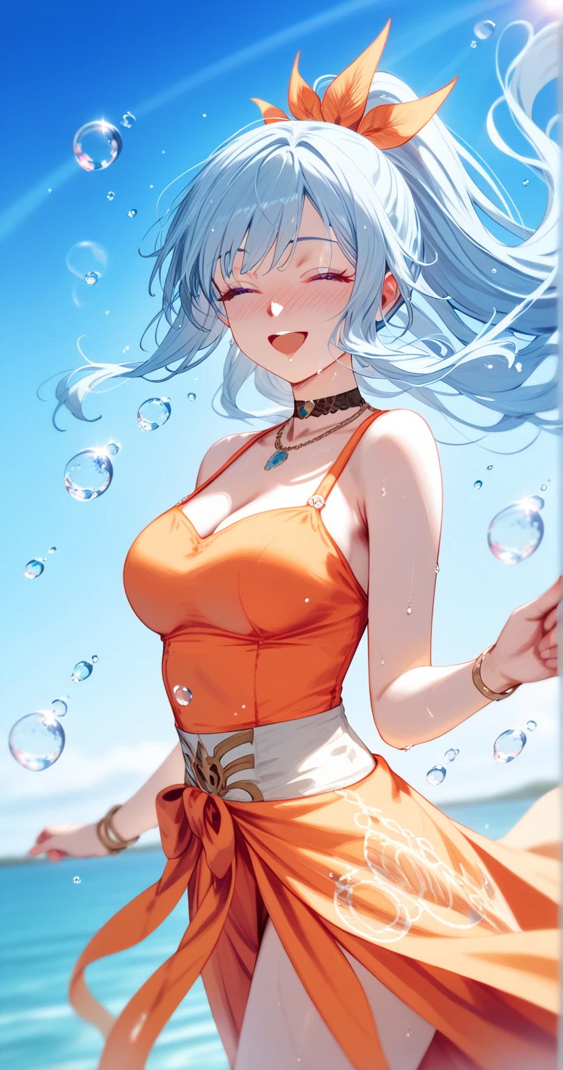 romancing saga 2, long hair, pink eyes, light blue hair, (wavy hair:0.3),
choker, necklace,  light orange Sarong pass,ponytail,
BREAK
25 year old woman、medium breasts, voluptuous  body,Moist eyes、Gentle eyes、Gentle look,looking at viewer ,wide open mouth,nose blush,(pout:0.5),smile,groin,closed eyes
BREAK
high definition , masterpiece,  anatomically correct ,  very detailed,  High Quality 
BREAK
Dienamic sexy pose、Water Reflection,(floating water drop),(blurry foreground),(blue sky),lens flare,  (water splash),sunshine sky,(cowboy shot), play in the water