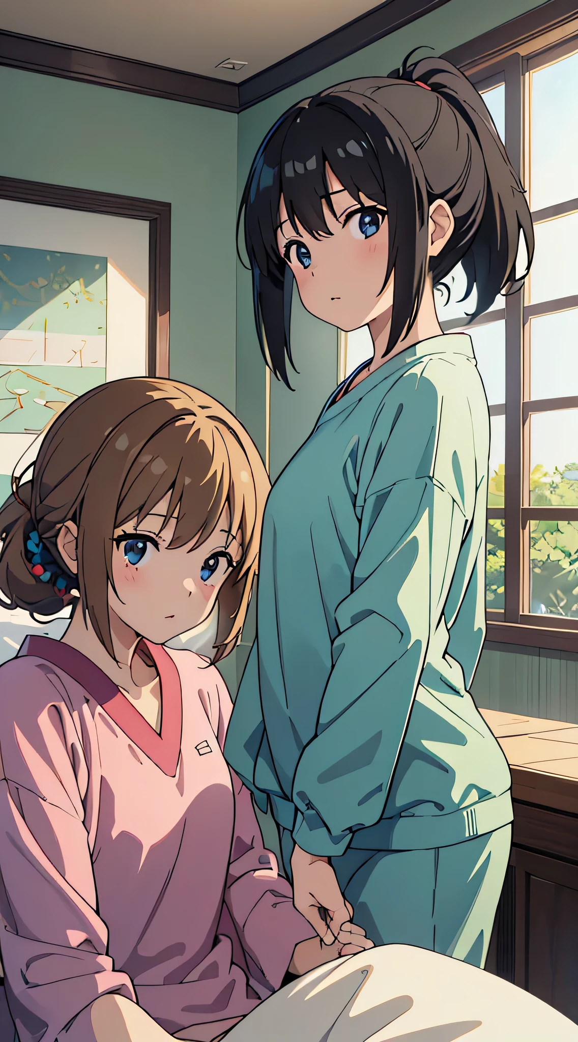  in high-definition images，  high definition , (masterpiece: 1.4),  super detailed , ((( detailed face ,  detailed expressions )),  two girls, Girl and Girl, friend, The best friend,  Classmates ,  relax ,  ponytail, Bob, Two people are having a conversation, Room Background, friend, Relatives and friends, Home, 1K, Small room, curtain,  bed in black, tv set, machine, Loungewear,  Kyoto Animation ,   Kyoto Animation,