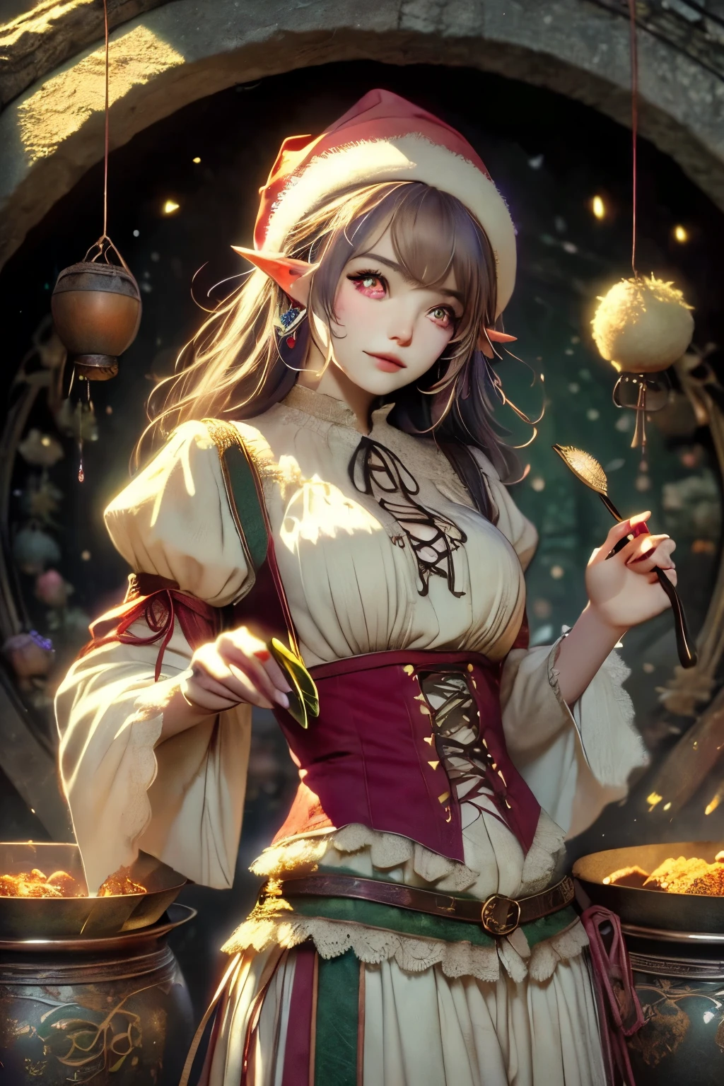 (Ultra-detailed face, Looking away, Fantasy Illustration with Gothic. Dark tone colors.), BREAK 
(Eladrin's female Santa Claus is in a medieval European-style stone kitchen furnace, simmering a large pot of stew, stirring it with a large spoon and tasting it with a small spoon.), BREAK 
(Eladrin's young female Santa Claus has honey-colored hair and eyebrows, blunt bangs, waist-length wavy hair, green glowing eyes, small pink lips, light skin tone, and dark, thick eyeliner. Smile.), BREAK 
(Eladrin's female Santa Claus wears a Santa hat with white pom-poms and a deep red Santa Claus-style lace-up dress with traditional medieval European-style white lace. She wears a large Hermes scarf wrapped around her waist and a curved Middle Eastern-style dagger. She wears simple crimson laced-up sandals.)