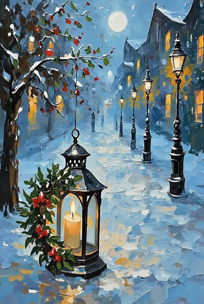 A dibrshstrk style painting, a Christmas wreath and lantern with a candle inside of it in the snow, lantern light besides, night park and lights in background