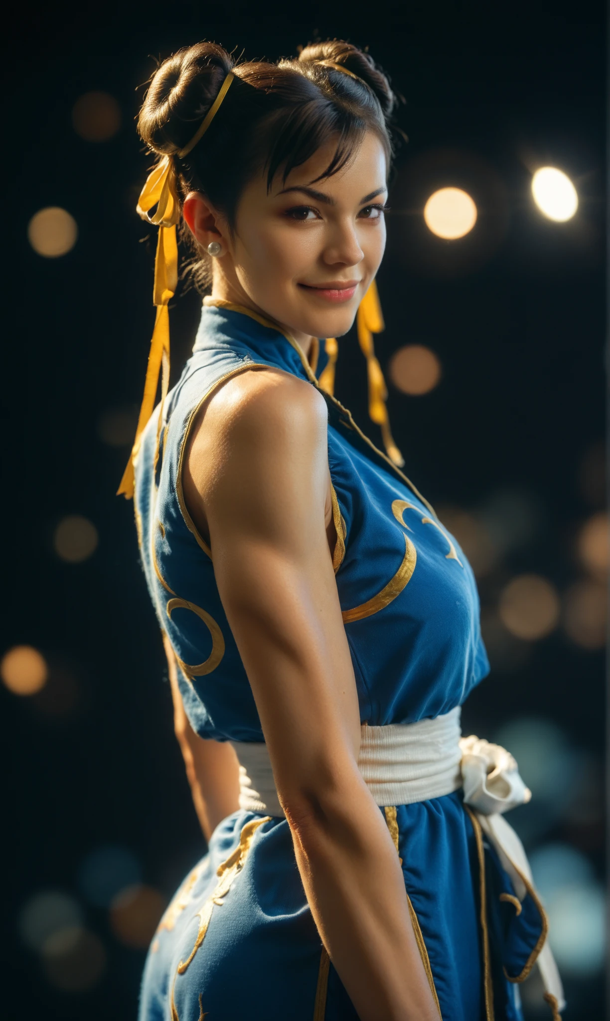 score_9, score_8_up, score_7_up, score_6_up, photo, realism, photorealistic, cowboy shot, Chun-Li, street fighter, posing, smirk, looking at viewer, black background, backlight, depth of field, bokeh