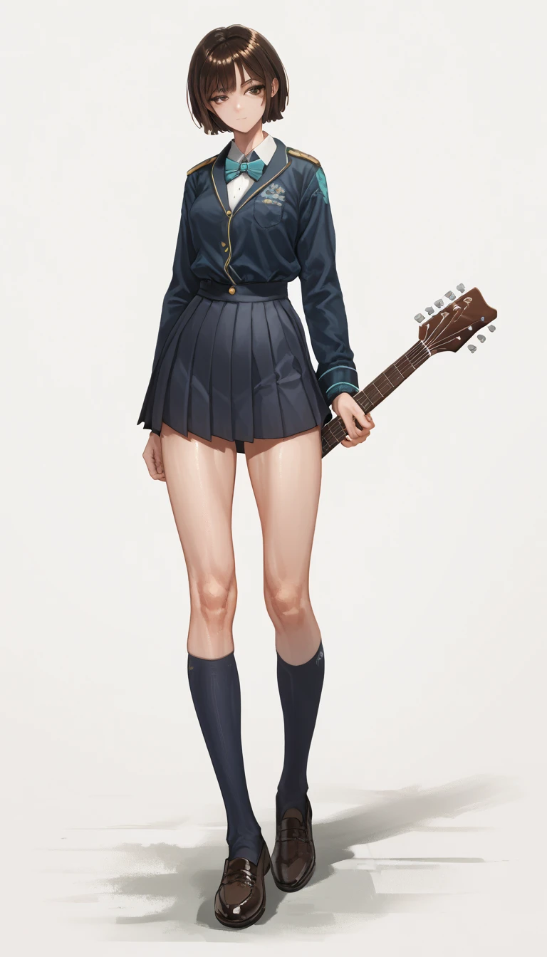 A full-body depiction of a young Asian female anime-style character, appearing to be a teenager, centered against a white background. She possesses a slender build and is shown playing an electric guitar. The character has shoulder-length dark brown hair, brown eyes, and a pleasant expression. She is wearing a dark navy blue, collared, long-sleeved shirt or blouse, a pleated black school-style skirt, black thigh-high socks, and dark brown shoes. The electric guitar is sunburst-colored with a light-colored pickguard, and she holds it with both hands. Her posture is upright and confident, suggesting a performance or casual pose. The image is rendered in a clean, vibrant anime style with smooth lines and bright colors; the lighting is even, and the overall style conveys a cheerful, energetic mood. The perspective is a slightly elevated three-quarter view, presenting the character from the knees up.  The overall composition is simple and focused on the character and her instrument.