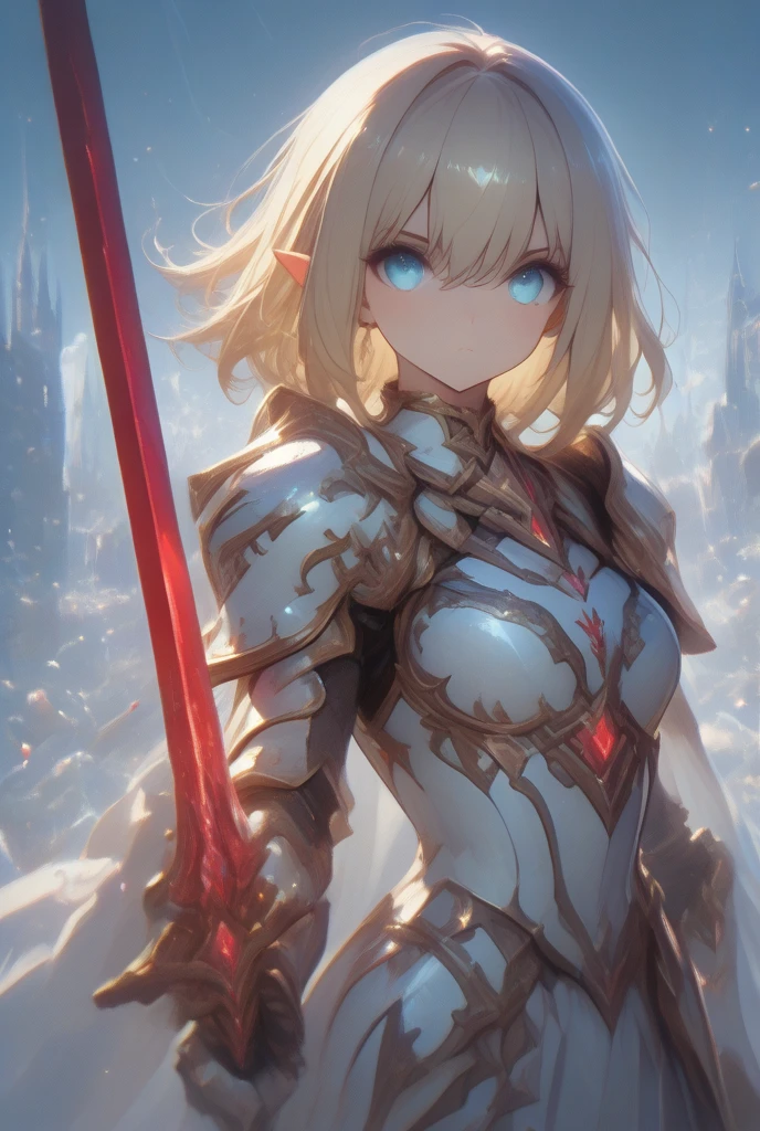  1 girl , Have a red sword 、 wear white armor、
