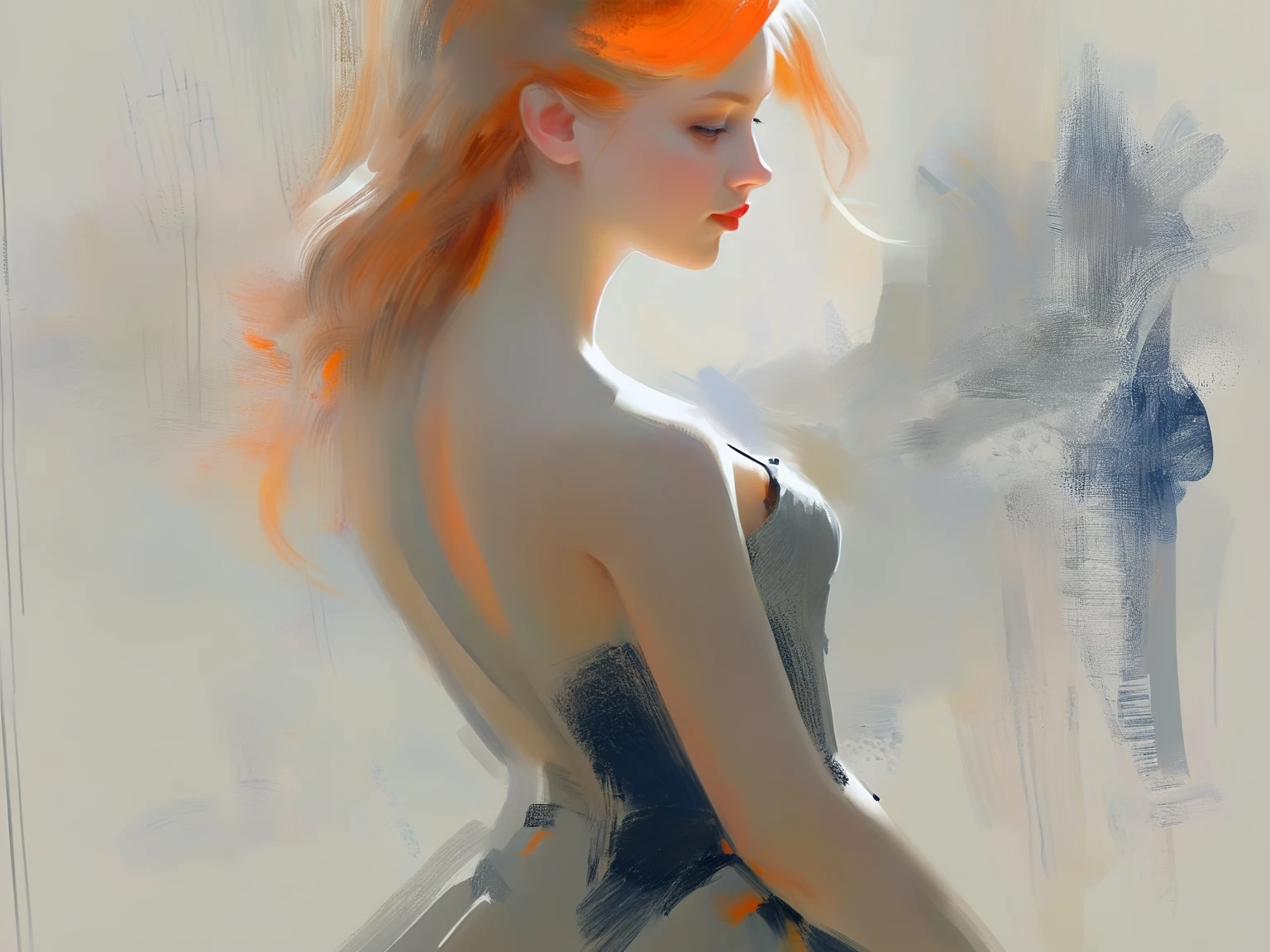 Pencil Sketch Drawing, line art drawing, a elegant beautiful young woman, combination of Erin Moriarty:0.9, joey king:0.7, Rachael Taylor:1.2, wearing tango dress, style oФ Casey Baugh, style oФ Pino Daeni(her silhouette outlined with glowing orange). (style of Vladimir Volegov:1.1).). blue white on grey color palette. big booty professional, sleek, modern, minimalist, graphic, line art, vector graphics, black and white drawing, graphite drawing, painting in the style of Anders Zorn, Alexi Brilo, Luisa Royo