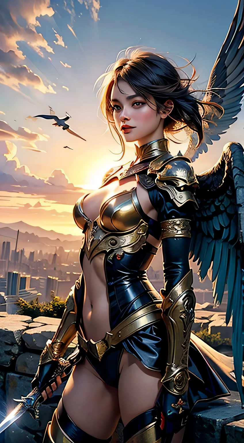 (mechanical), low angle, woman face, thunderstorm, necklace on fire, (apocalypse), huge angel, in the city, huge wings, ((straddling to masturbate on the top of skyscraper)), (crotch on flame), orgasm