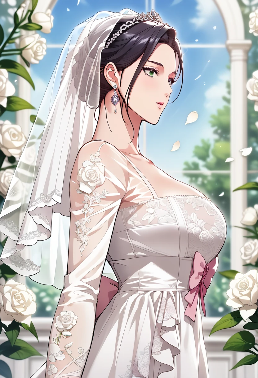 (​masterpiece, top-quality, top-quality, Official art, Beautifully Aesthetic:1.2), dark green eyes, (highest quality, masterpiece painting:1.3),mature woman, , (half body shot), masterpiece, ultra high resolution, (((bridal veil, lace-trimmed dress, see-through, wedding dress, outdoors, white roses, (long sleeves:1.2), pink bow,))), Decorative panel, abstract art, (shot from a side angle), (Photoreal:1.0), (( black hair)),straight hair, beautiful shining hair, white and shining skin, Painterly, sketch, Texture, off shoulder, 超A high resolution, solo, Beautiful Women, A highly detailed, (Fractal Art:1.1), (colourfull:1.1), (florals:1.6), The most detailed, (Zentangle:1.2), (Dynamic Poses), (Abstract background:1.3), (shinny skin), (Many colors:0.8), (earrings:1.4), (pluma:0.9), Taisho romance, large breasts, breasts, wide hips, curvy, gargantuan ass, sexy, milf, motherly 