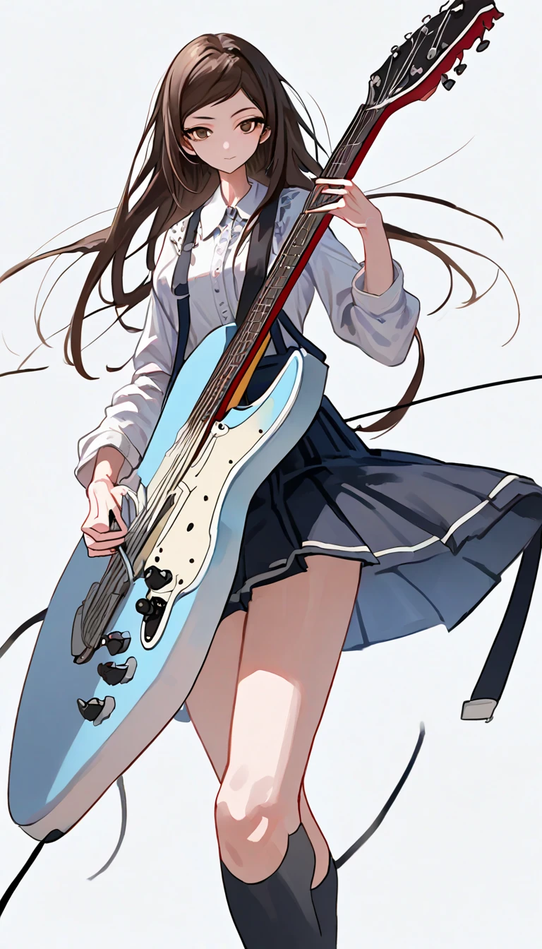 A full-body depiction of a young Asian female anime-style character, appearing to be a teenager, centered against a white background. She possesses a slender build and is shown playing an electric guitar. The character has shoulder-length dark brown hair, brown eyes, and a pleasant expression. She is wearing a dark navy blue, collared, long-sleeved shirt or blouse, a pleated black school-style skirt, black thigh-high socks, and dark brown shoes. The electric guitar is sunburst-colored with a light-colored pickguard, and she holds it with both hands. Her posture is upright and confident, suggesting a performance or casual pose. The image is rendered in a clean, vibrant anime style with smooth lines and bright colors; the lighting is even, and the overall style conveys a cheerful, energetic mood. The perspective is a slightly elevated three-quarter view, presenting the character from the knees up. The overall composition is simple and focused on the character and her instrument.