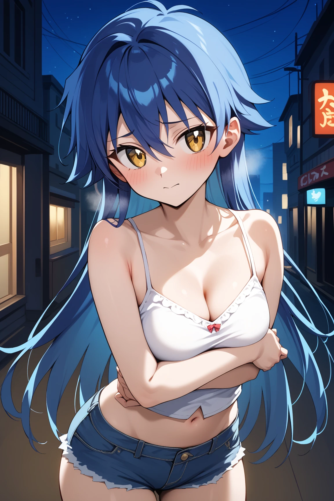 Saotome Rei,megami magazine,long hair,blue hair,hair between eyes,yellow eyes,small breasts,
camisole, bare shoulders, cleavage, crop top, cutoffs, denim shorts, midriff, short shorts, spaghetti strap,
1girl,(is embarrassing,big blush,closed mouth,steam:1.0),
((standing,cowboy shot,looking at viewer,breast hold:1.2)),
(night city background:1.0),clothed