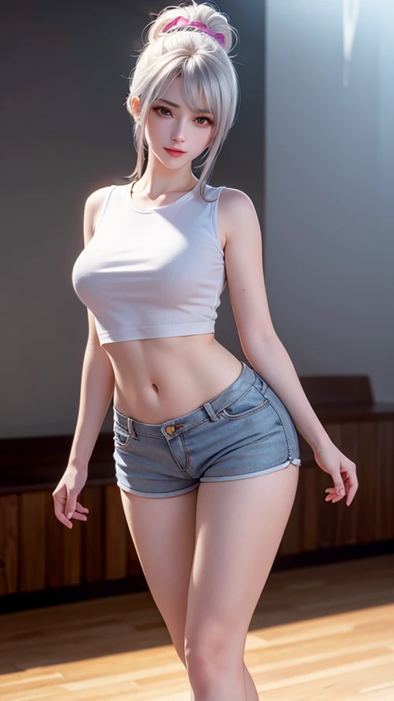 (Finest quality)),(A high resolution),(ultra-detailed art),(Meticulous portrayal),((Best Anime)),(Finest works of art),sharpness,Clear,Ultra-Precision Art,The art of astounding depiction,(masterpiece), high quality, stable diffusion,
short Hair, short ponytail, purple hair, vibrant purple hair, extremely detailed hair, detailed bangs, with bangs,
wearing expensive earings and necklace,
pretty face,
beautiful lips, soft lips,pretty face, close up face, gorgeous beauty,
green eyes, serious face, pretty nose, beautiful nose, perfect nose, pretty eyes, beautiful eyes, sparkling eyes, detailed eyes, perfect eyes,
looking at the camera, happy, jolly, smiling, seductive, blushing, bukake, happy face, jolly face, excited face,
clear skin,white skin, soft skin,
small bust, small breasts, smooth skin,
beautiful girl irene, red velvet irene,
expose shoulders, perfect body, detailed thighs, detailed legs, perfect hands, perfect arms, detailed hands, detailed breasts, detailed nose, detailed lips, detailed arms, sexy body, show tongue, sexy legs, sexy tongue, drooling, show
whole body, pretty woman,sweaty face, sexy, seductive, horny, pointy nipples,
cute female wearing white crop top and black leather jacket on top, wearing black denim shorts with gold belt, wearing knee-high black boots,
body details, standing full body, full body image from head to toe, sexy model pose, raised arms, hands up, show legs, cute standing female,
horny female dancer idol, group of sexy female models, wet body, show feet, cute standing pose, thighs apart, legs apart, feet apart, spread legs, black sandals,