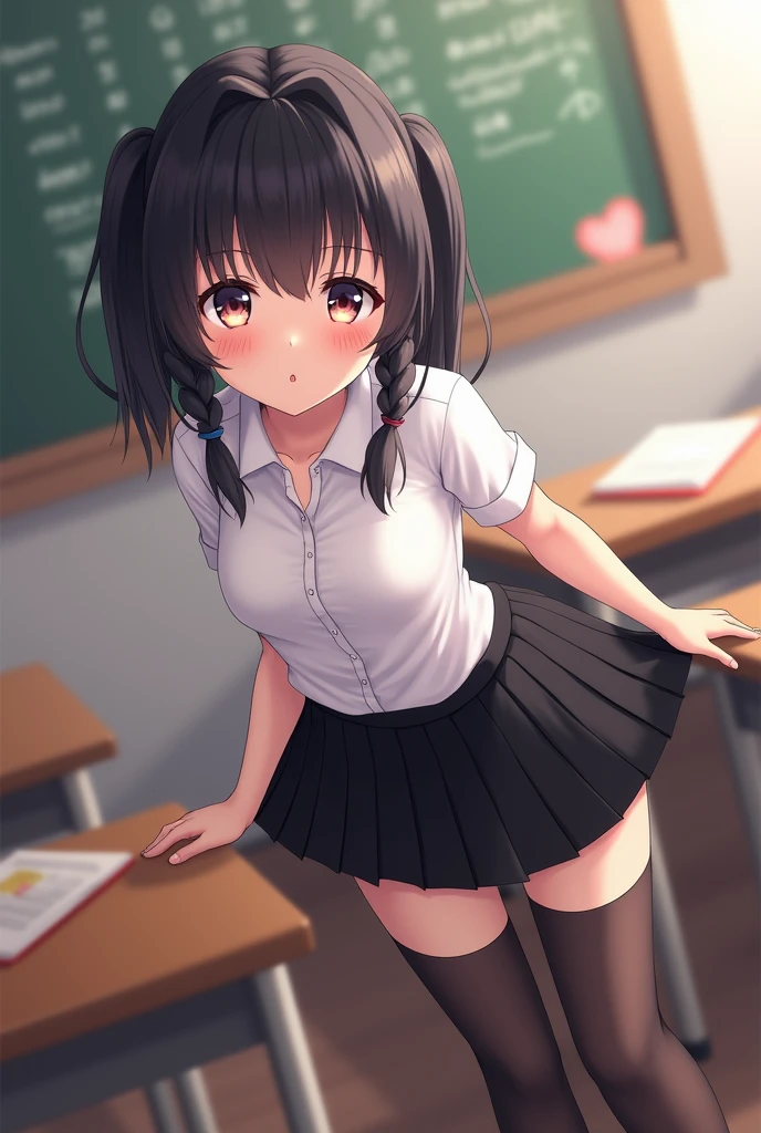 best quality,1girl,((loli,10歳:1.3)),small breasts,((ツリ目,orgasm,blush,sweat,steam:1.1)),yui kotegawa, (brown eyes:1.5),black hair, short hair, ((twintail:1.3)),((black skirt, white t-shirt,short sleeves,lift skirt,upskirt,white panties,lace panties:1.3)),thighhighs,pussy juice,see through,classroom,ランドセル