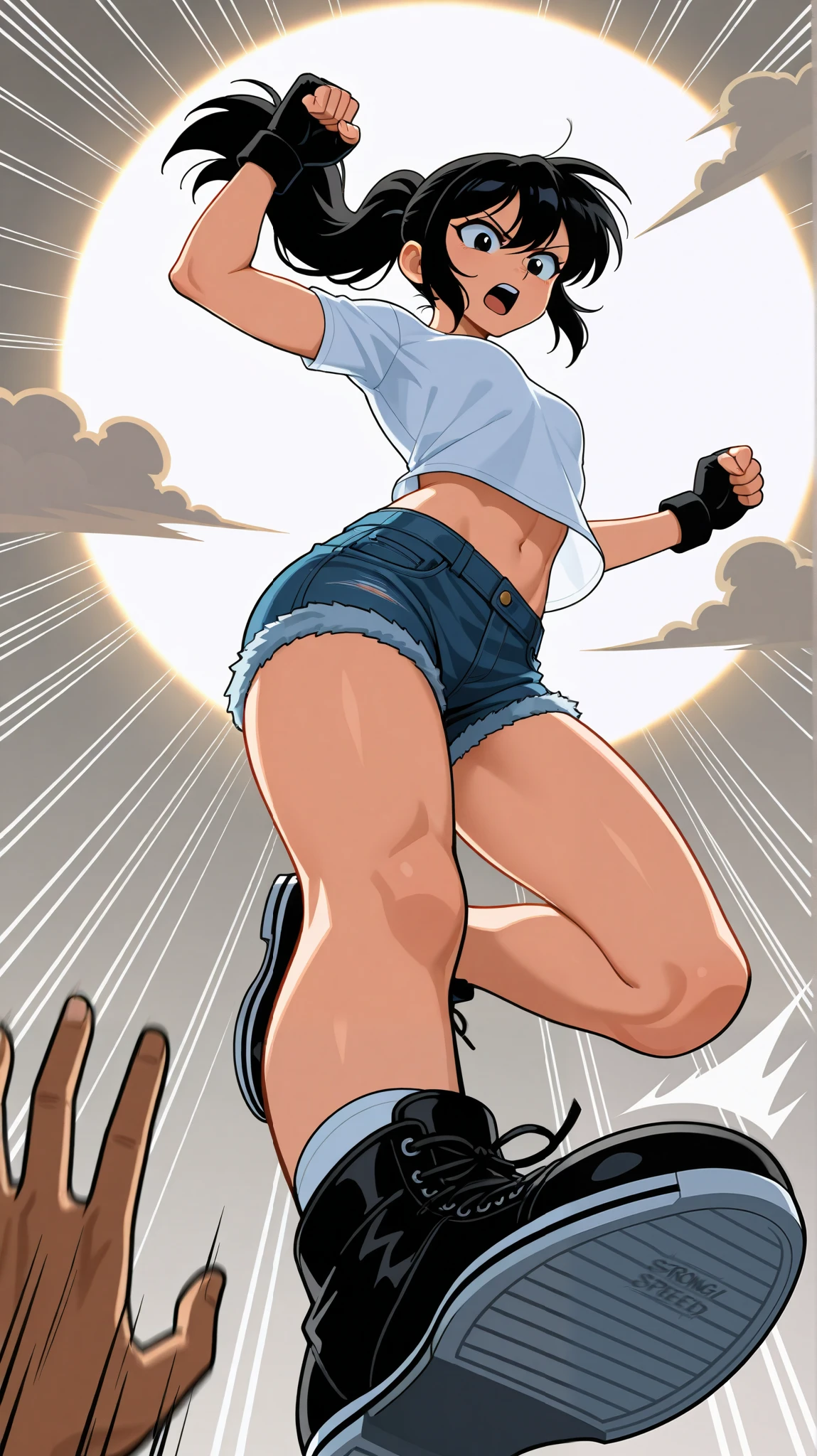 ,((Strong speed lines:1.5 ))、high-speed drop attack、Shoe soles focus、footstamp,、worm’s-eye view、Action, Fighting、Female fighter in denim shorts and white short-sleeved T-shirt, swooping kicks,Shoe soles、solo focus, low-angle view、Kick with one leg straight out、 Woman jumping and kicking、 vertical drop、shoes, fingerless gloves、hand,stable_Yogis_Animetoon_Negatives, powerful composition 、 dynamic composition 、 , slim body, medium chest、Expressions of high speed movement with energy surrounding the body、sound effects、motion lines、motion lines、black hair ponytail、Fast Moving、Kaio-ken、Strong speed lines 、sound effects、Small sun, light clouds