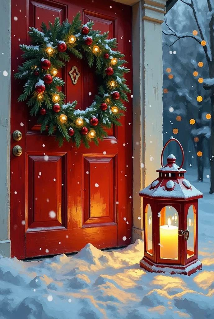 A dibrshstrk style painting, a Christmas wreath and lantern with a candle inside of it in the snow, lantern light besides, studio shot with red door and studion lights in background