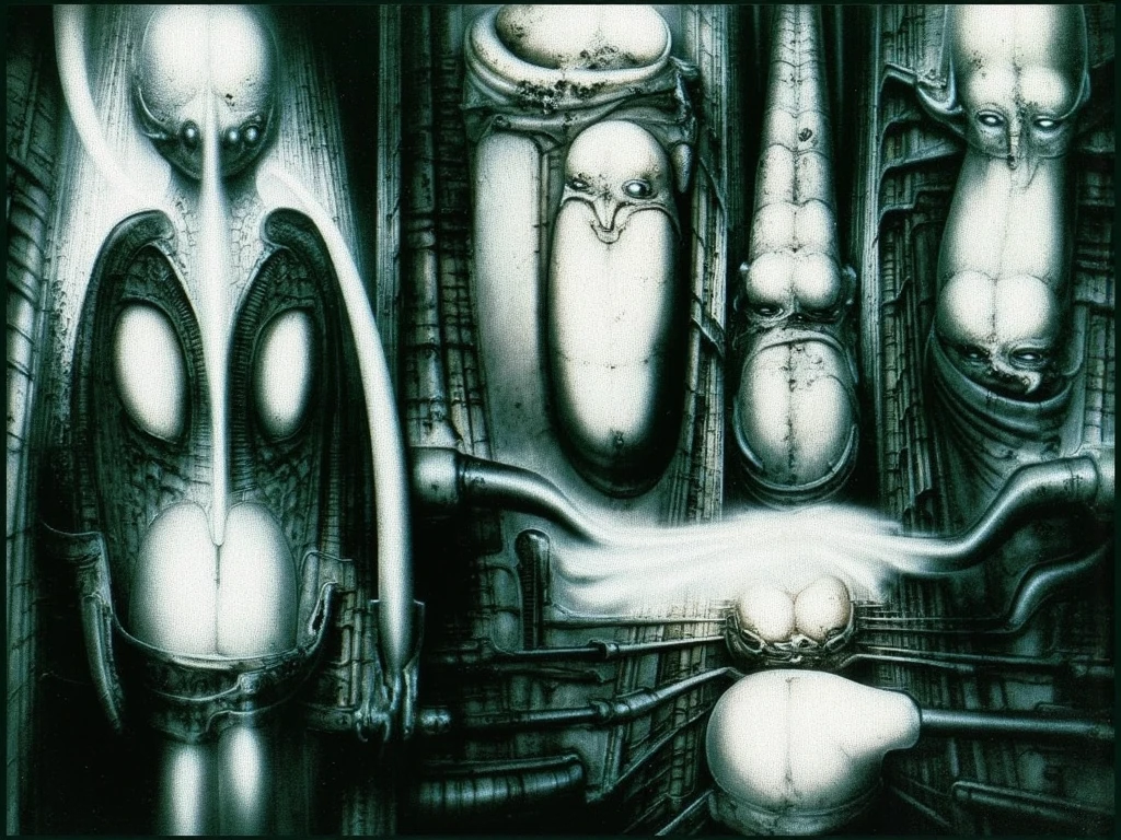 H. R. Giger's g1g3r, , Giger_style, The image is a detailed view of H.R. Giger's \" Vault \" plate, featuring ( Circus on exile left abandoned clowns behind. Tableau is a surrealistic representation of a mechanical city with intricate designs and patterns. It features a large mechanical head with multiple smaller alien heads attached to it, all connected by tubes and gears. Mastered by H R GIGER , best quality: 1.4), H R GIGER's biomechanical is a digital artwork featuring a mechanical structure with tubes and wires, which is situated in a dark room with a glowing light source, dence cloudy mist, strokes of steam. (A haunting and surreal image inspired by the work of H.R. Giger. The artwork depicts a biomechanical corridor, with intricate tubes and pipes snaking along the walls. A strange, organic form, reminiscent of the Alien creature, lurks in the shadows, adding to the sense of unease and mystery. The overall atmosphere is one of darkness, decay, and the unsettling nature of the unknown, best quality:1.4) The artistic manner would be unmistakably Gigeresque. A dark and unsettling beauty would permeate the piece, blurring the lines between fascination and repulsion , forever haunted by the grotesque allure. Giger's signature artistic manner would be evident in every stroke. The artist has used careful linework to depict the contours and textures in the piece, (Triadic:1.1), (Proportion:1.1), , (Reflected light:1.2), Parchment, ultra detailed, intricate,, dry b (best quality:1.4), H.R. GIGER, BY GIGER