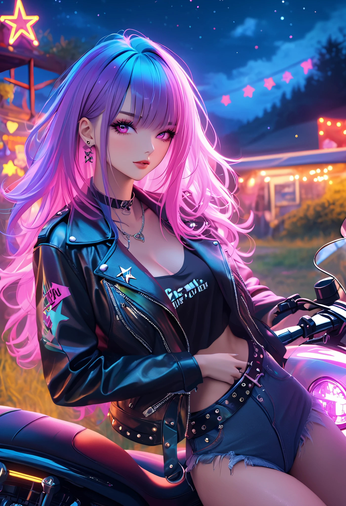  Beautiful,  girl ,  Light Makeup , lush hair, punk, Стиль punk, neon, Кибер punk,  sexy, decorations, auto,  Leather Jacket,  Countryside Background , stars, Night, bright colors,  better quality ,  complex ,  masterpiece fails, 8 k,