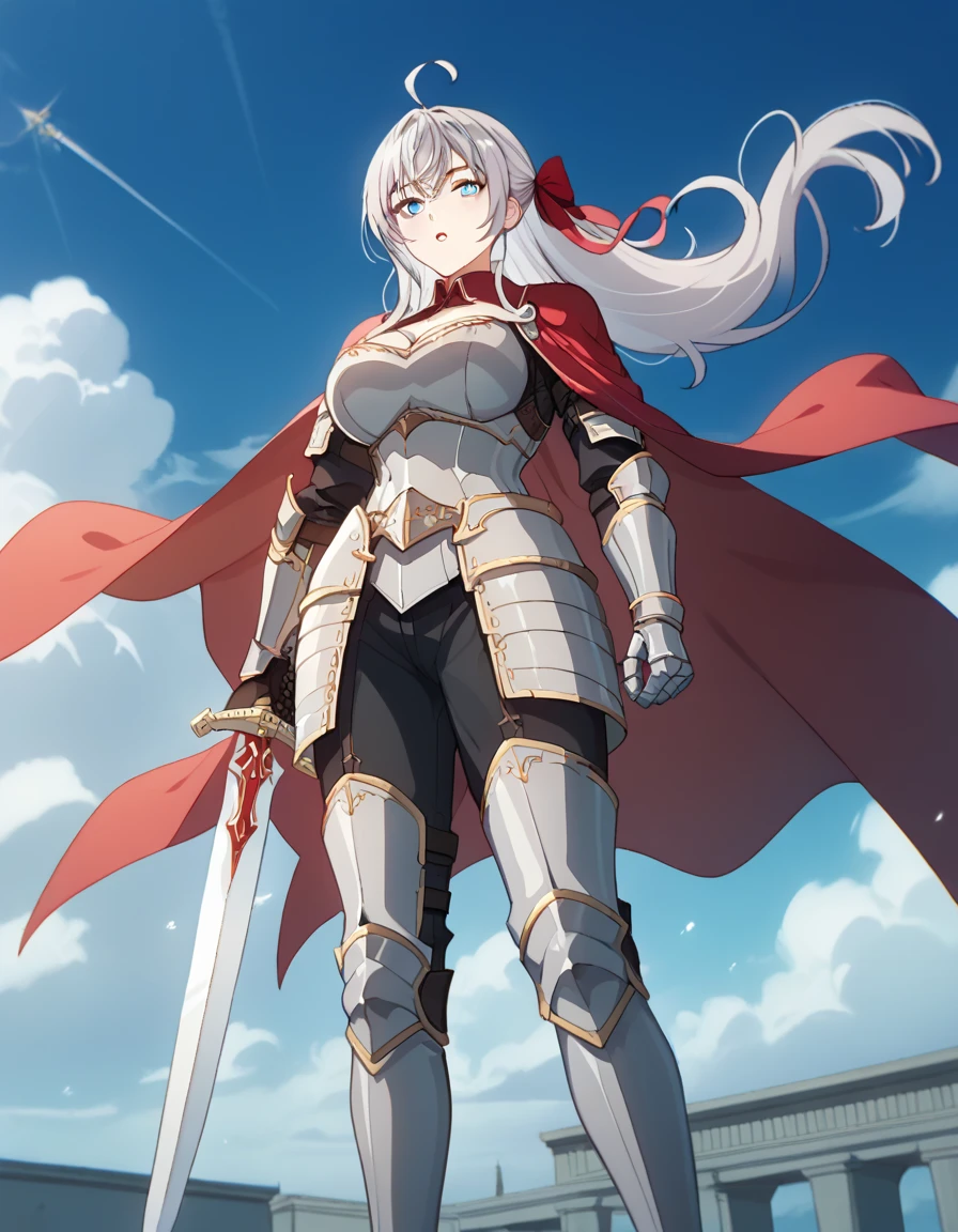 score_9, score_8_up, score_7_up, source_anime, alisamikhailovnakujou, alisa mikhailovna kujou, long hair, bangs, blue eyes, hair ribbon, ahoge, grey hair, red ribbon, large breasts,, knight, armor, cape, sword, weapon, holding weapon, shoulder armor, gauntlets, , pauldrons, red cape,, blue sky, clouds, from below, parted lips, looking at viewer