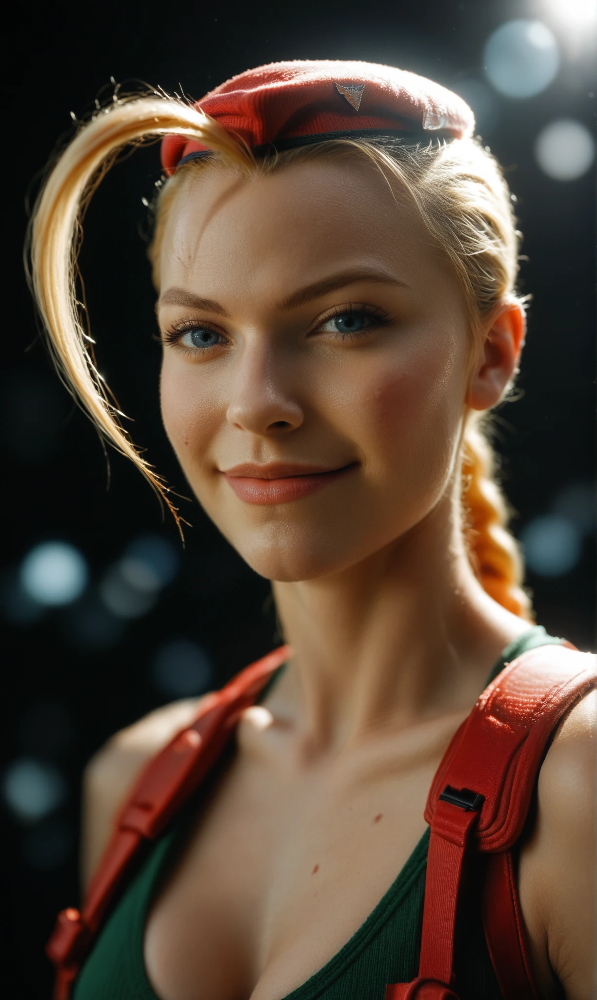 score_9, score_8_up, score_7_up, score_6_up, photo, realism, photorealistic, wide angle, Cammy White, street fighter, cleavage, posing, smirk, looking at viewer, black background, backlight, depth of field, bokeh