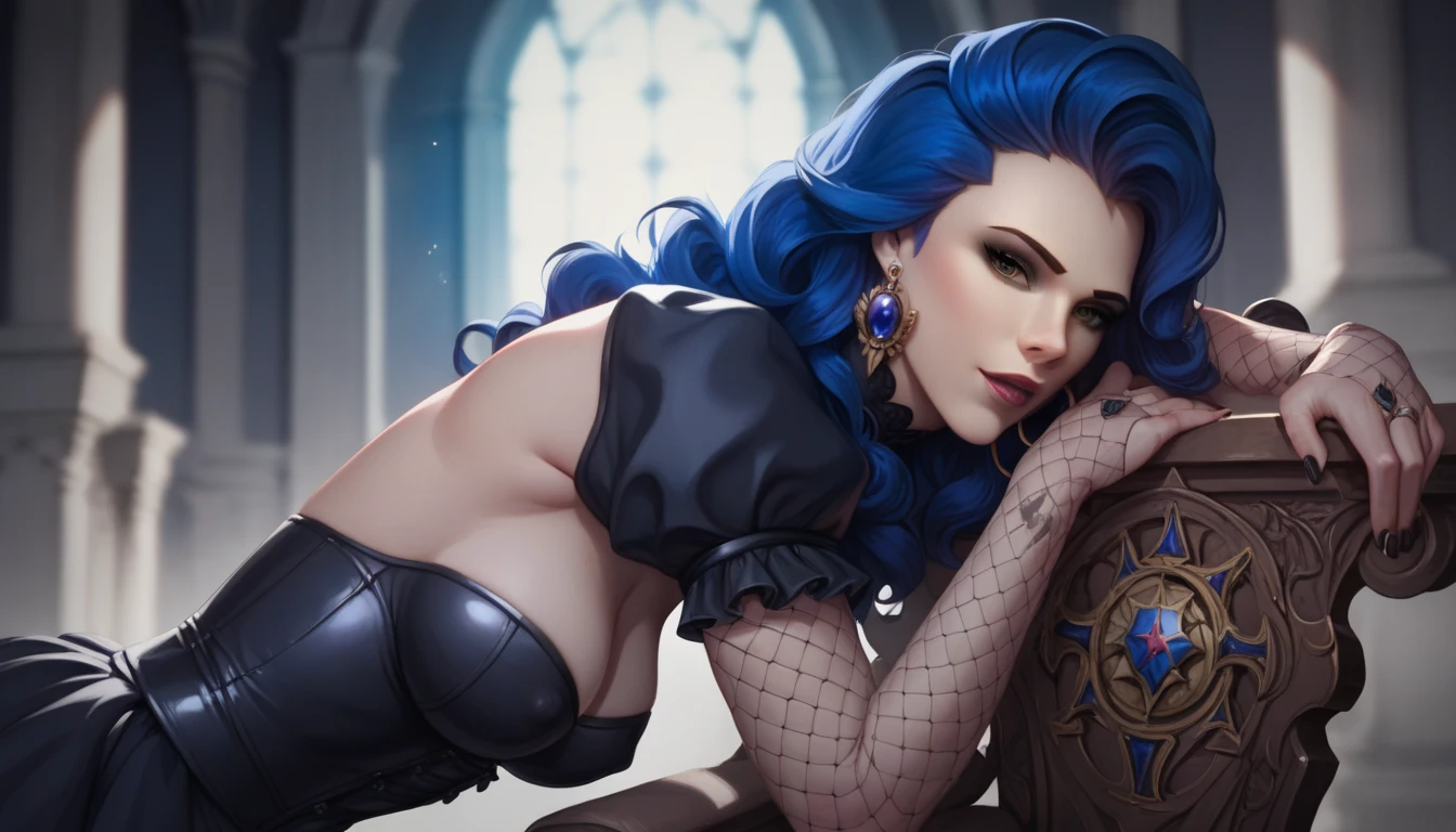 Amalia (widow) from Overwatch  ,  with blue hair ,   realistic,   high quality photo, detail ,   masterpiece fails, ,  flashlight, in tight clothes, bare breasts covered with hair, erotic hentai,  in a black Gothic Victorian dress, against the background of the skeletal throne ,  of a dark royal castle 