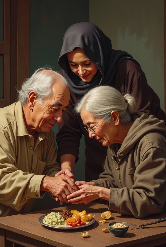 A Muslim girl massaging her old mother's shoulders