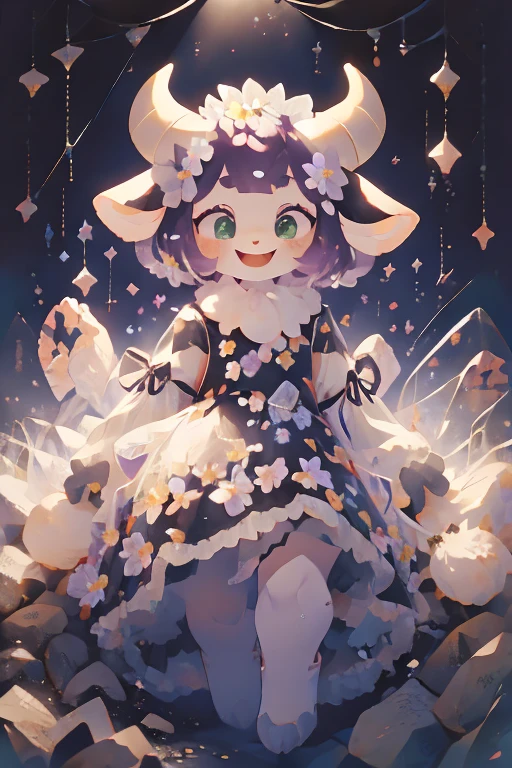 Bipedal goat girl with a bouncing smile, anthro,  wild goat, female goat , break, white goat head, ( purple hair), Straight bangs,  Trimmed Back Hair ,  green eyes, White body,(Black Horns ),  white goat ears , Fluffy, Joy, break,  collecting flowers in the dark , Rain of jewel lights , Glass Flower,  Light Shines In ,   flower field where large amounts of jewel flowers grow