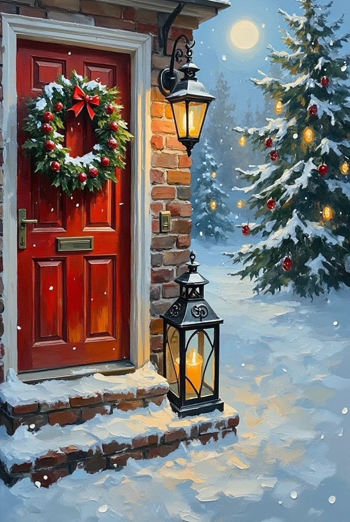 A dibrshstrk style painting, a Christmas wreath and lantern with a candle inside of it in the snow, lantern light besides, studio shot with red door and studion lights in background