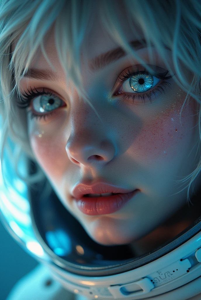 (Close-up of a better masterpiece:1.5)0.9], (Space and astronauts:1.2) (Messy silver hair:1.1) (Heterochromia xanthochromia and blue eyes:1.2) (Space Helmet:1.0) (Colored stars in the eyes:1.0) (A radiant glow:1.1) (thick lips:0.9)