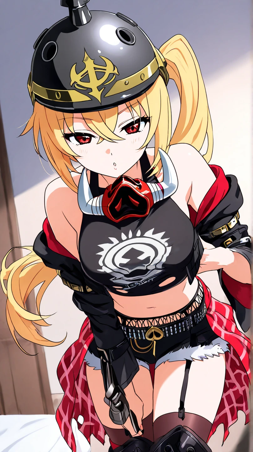 long hair, side ponytail, blonde hair, red eyes, jewelry, helmet, tank top, jacket, Mask Around Neck, belt, shorts, boots, waist cape, from_behind,((behind_focus)),

, score_8_up, score_7_up, source_anime, expressiveh, 1girl, hair between eyes, half-closed eyes,(put_hand_forward), ((seductive face)),breast focus, looking at viewer, holding, brothel, from top, good anatomy, correct anatomy, garter belt, thigh high socks,(bare shoulder),bedroom