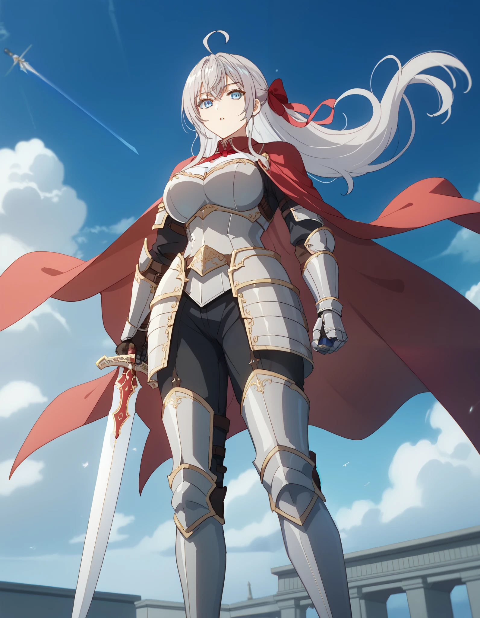 score_9, score_8_up, score_7_up, source_anime, alisamikhailovnakujou, alisa mikhailovna kujou, long hair, bangs, blue eyes, hair ribbon, ahoge, grey hair, red ribbon, large breasts,, knight, armor, cape, sword, weapon, holding weapon, shoulder armor, gauntlets, , pauldrons, red cape,, blue sky, clouds, from below, parted lips, looking at viewer