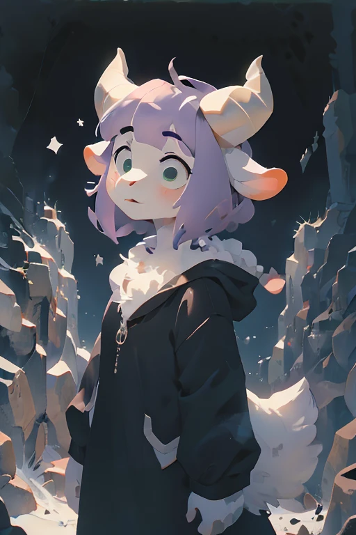  goat girl who notices something, anthro,  wild goat, female goat , break, white goat head, ( purple hair), Straight bangs,  Trimmed Back Hair ,  green eyes, White body,(Black Horns ),  white goat ears , Fluffy, break, Find out in the dark , surprise