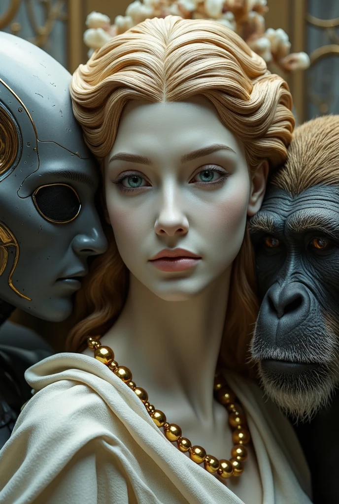 Image of the faces of male Greek characters with sexy stone pieces with touches of gold with small object details,  on the left side a futuristic robot , And on the right side a primate 
