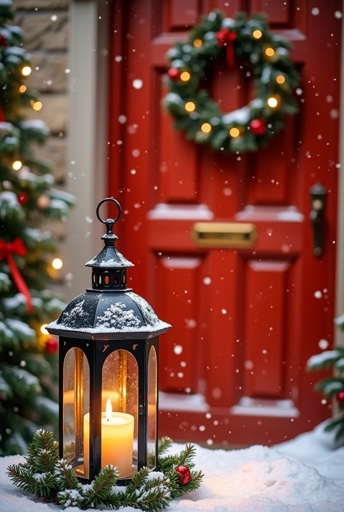 A dibrshstrk style painting, a Christmas wreath and lantern with a candle inside of it in the snow, lantern light besides, studio shot with red door and studion lights in background