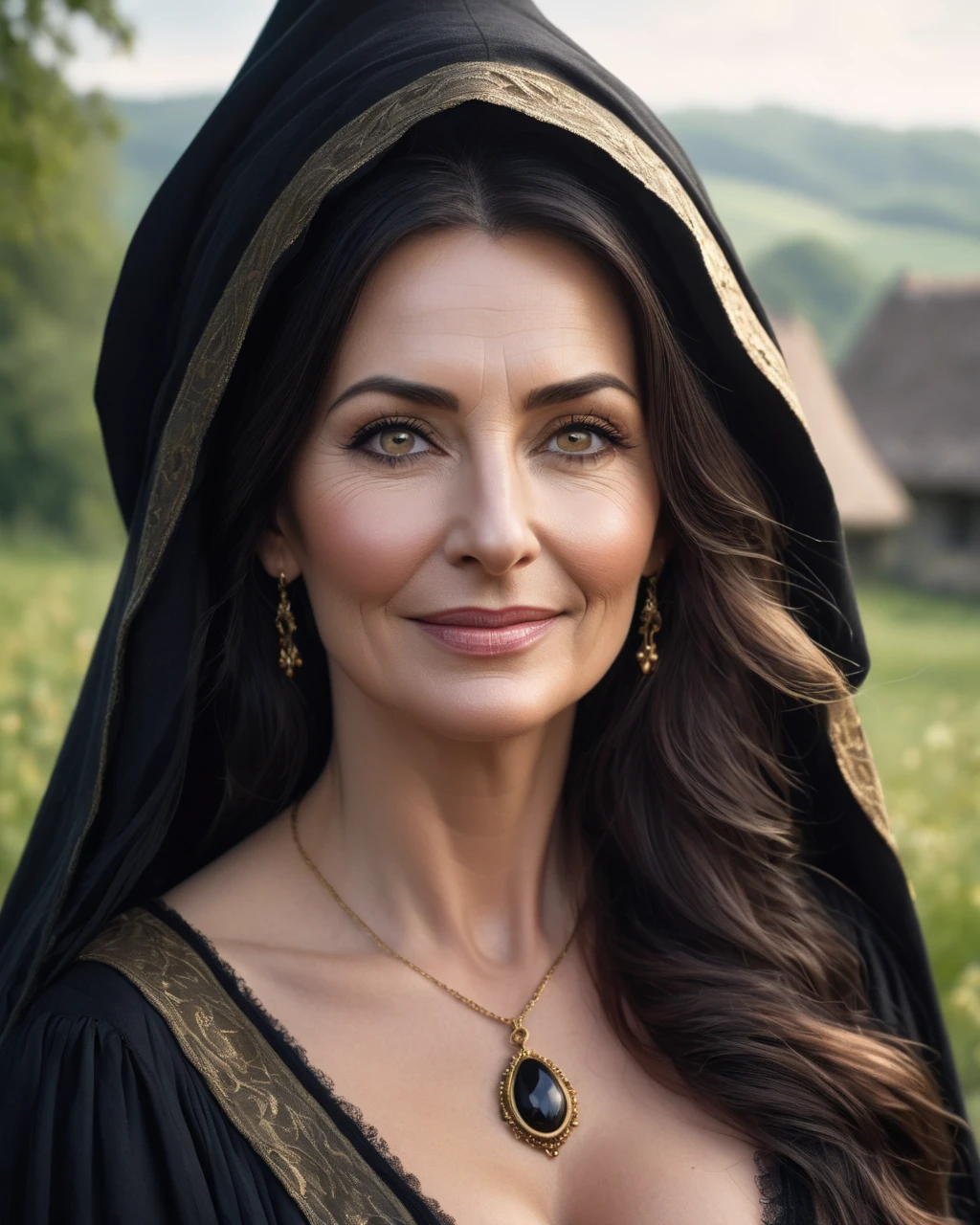 a portrait photograph of a pretty mid-age female, beautiful realistic photo, Look at 4K highly detailed art,  blush,  Big Breasts , look up, medieval European rural woman with dark hair,   very long hair,  widow、Mourning clothes、 Seductive Smile, Black Robe、Veil、 The Wicked Witch 、 golden eyes, 