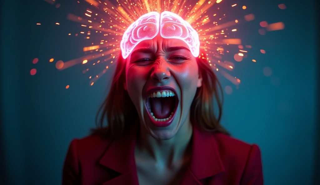 A close up of a young woman, facing us. Screaming with rage. Her brain is glowing with Neon colors bursting out. The background is blurry. The woman is in the middle of the picture. Show her brain trying to explode with rage