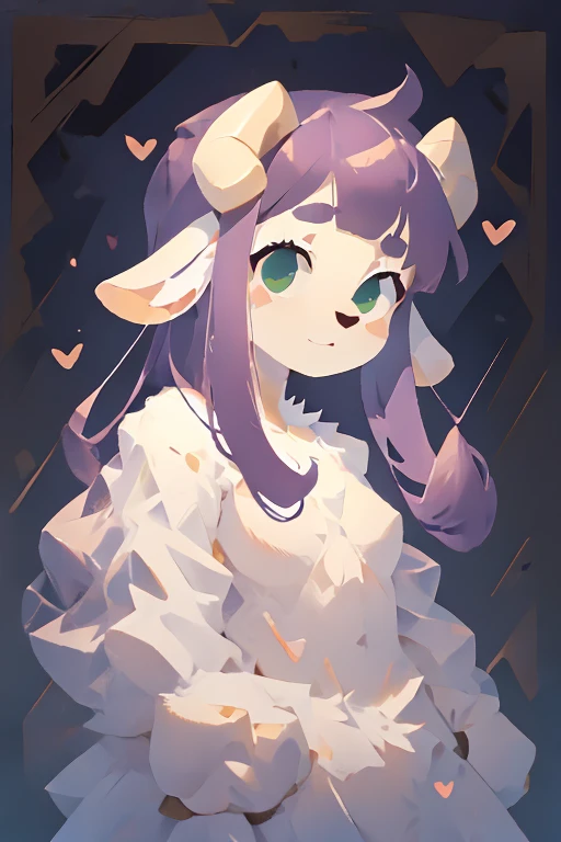  goat girl staring at me, anthro,  wild goat, female goat , break, white goat head, ( purple hair), Straight bangs,  Trimmed Back Hair ,  green eyes, White body, (Black corners),  white goat ears , Fluffy, break, Staring at you in the dark , surprise, Joy