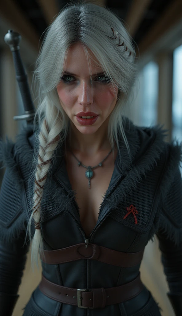 (ultra realistic) (8k quality) (Female Witcher) (Long platinum hair) (MILF) (A very beautiful face) (Cleavage) (Bimbo) (Night) (Bimbo lips) (Blue eyes) (at full height) (sexy pose) (high heels) (big boobs) (sexual facial expression) (witcher cat eyes) (black Armor) (Two witcher swords on his back) (horror wood in backgraund)