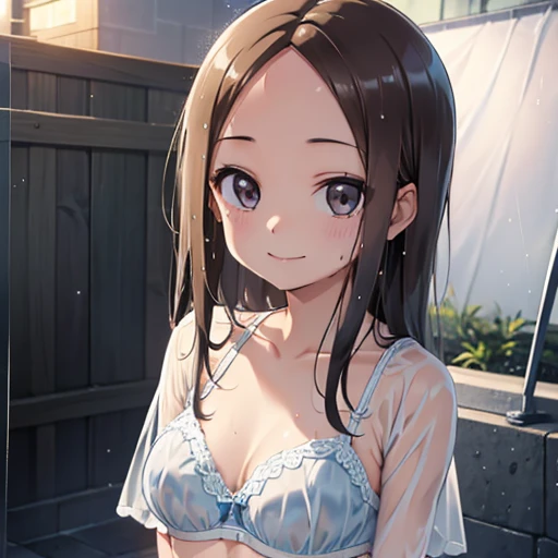 (Tabletop, Highest quality, High resolution, , Pixel perfect, 4K,), 1 girl, single, alone, Beautiful woman、I could see the whole body、 ((Wavy mid-length hair, bangs, Black Hair)), ((Brown eyes, Beautiful eyelashes, Realistic eyes)), ((Detailed face, blush:1.2)), ((Smooth texture:0.75, Realistic texture:0.65, Realistic:1.1, Anime CG style)), Small chest, Dynamic Angle, Perfect body、look up、A shy smile、Angle from below、Shower room、Sitting on the floor、Wet underwear