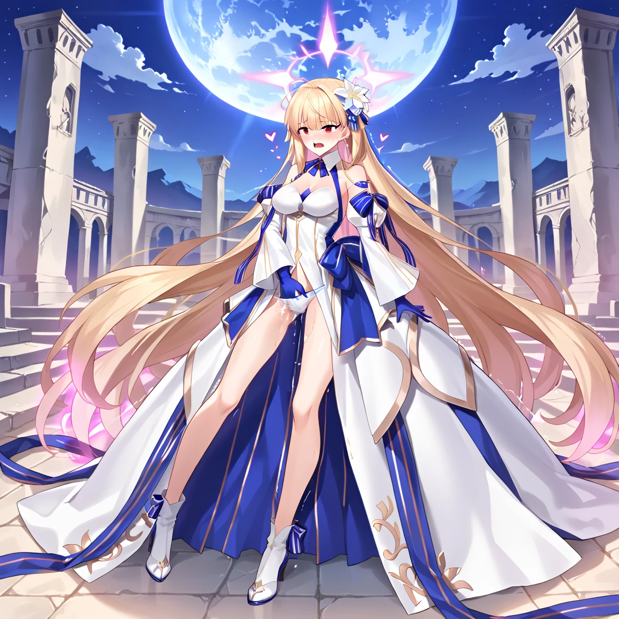 1girl, solo, (arc_3:1.1), slit pupils, breasts, blonde hair, long hair, white dress, red eyes, detached sleeves, hair ornament, cleavage, bangs, very long hair, long skirt, multicolored clothes, bare shoulders, blue skirt, blue gloves, multicolored skirt, gloves, detached collar, white hair flower, ribbons, partially glowing hair, night, moon, star (sky), halo, facing viewer, posing, , Get an orgasm, be coming, body blush, nose blush:1.2, , embarrassed, flustered, orgasm face, sexual climax, bitch, whore, trembling, feeling weak, fucked silly, slut, , , 
score_9, score_8_up, score_7_up, masterpiece,Ruins, ruins along the coast, crumbling ruins, Ruined courtyard, courtyard overlooking the sea, on the altar in the courtyard, altar with sexual motifs, lying on the altar, masturbation on the altar, ,, sandy beach, summer sunshine, good weather, concrete walls, collapsed walls, broken floors, broken ceilings , breast lift, grabbing own breast:1.8, hand between legs, hand in panties:1.8, Female Masturbation,  The altar is surrounded by naked elementary school boys, their penises are erect, and their penises are facing the altar, full body shot, entire  body, 