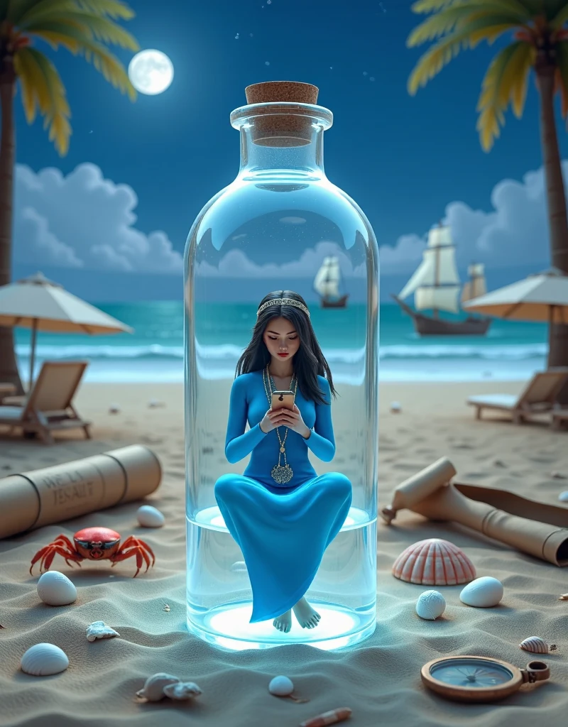 A photograph of a a crystal clear quartz bottle, the bottle having an ancient inscription, the bottle is on beach sand, a curious red crab beside that bottle, the bottle and surrounding sand is glowing in the moonlight, inside that enclosed bottle there is a captured tiny beautiful female genie is sitting cross-legged, detailed face, she is donning an ornated Middle Eastern silk gown, she is playing a mobile game on her Phone, a tropical beach landscape, a palm tree in the background, some beach umbrellas in the distance, seashells around the bottle, a constellation in the night sky, and a shipwreck in the distant ocean, in the style of cinematic still life photography, masterpiece, with an ancient map rolled up and an old, weathered compass near the bottle