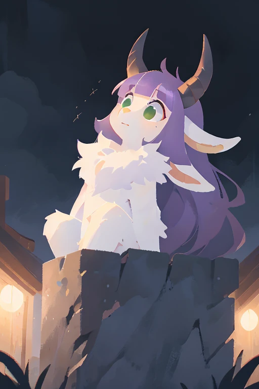  goat girl looking straight ahead, anthro,  wild goat, female goat , break, white goat head, ( purple hair), Straight bangs,  Trimmed Back Hair ,  green eyes, White body, (The black horn of a goat),  white goat ears , Fluffy, break, Looking up in the dark , surprise, Bird&#39;s-eye view