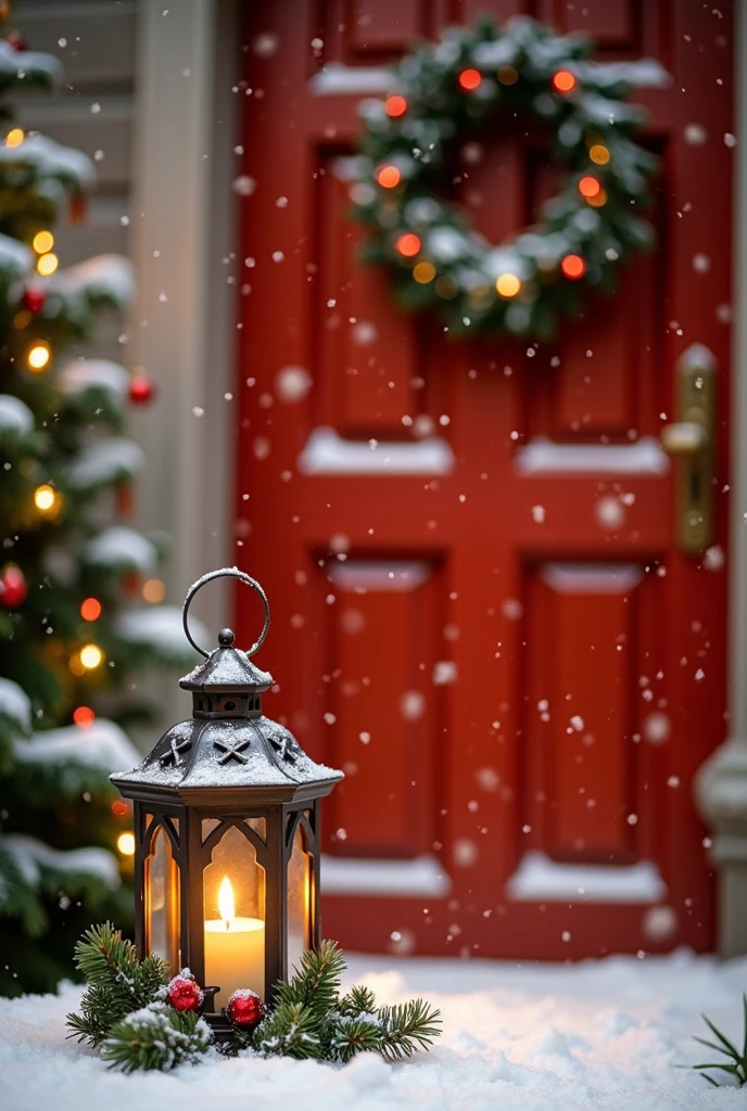 A dibrshstrk style painting, a Christmas wreath and lantern with a candle inside of it in the snow, lantern light besides, studio shot with red door and studion lights in background