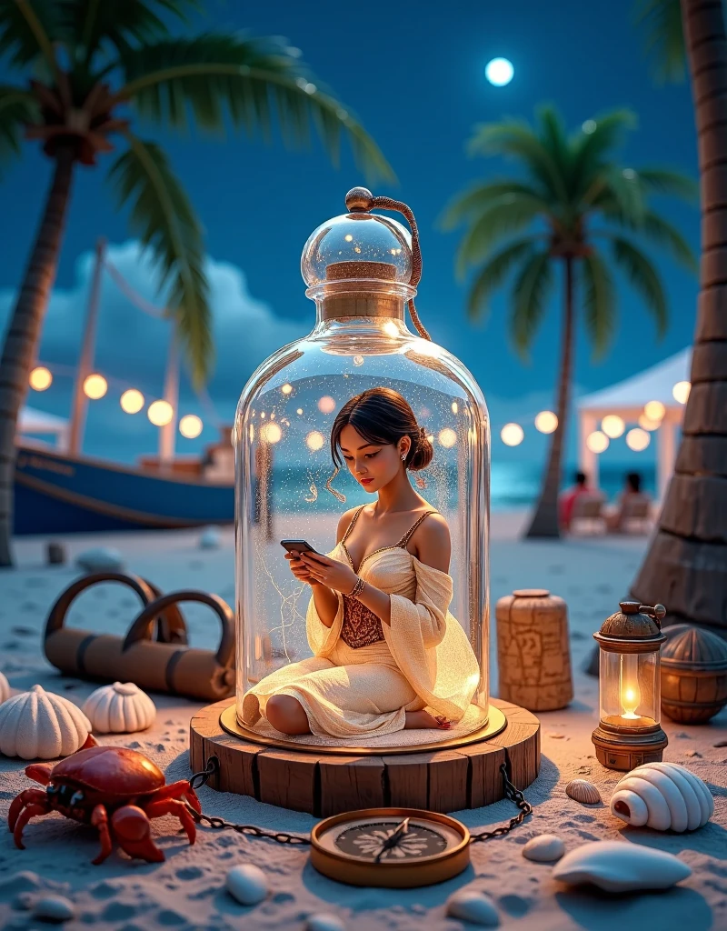 A photograph of a a crystal clear quartz bottle, the bottle having an ancient inscription, the bottle is on beach sand, a curious red crab beside that bottle, the bottle and surrounding sand is glowing in the moonlight, inside that enclosed bottle there is a captured tiny beautiful female genie is sitting cross-legged, detailed face, she is donning an ornated Middle Eastern silk gown, she is playing a mobile game on her Phone, a tropical beach landscape, a palm tree in the background, some beach umbrellas in the distance, seashells around the bottle, a constellation in the night sky, and a shipwreck in the distant ocean, in the style of cinematic still life photography, masterpiece, with an ancient map rolled up and an old, weathered compass near the bottle