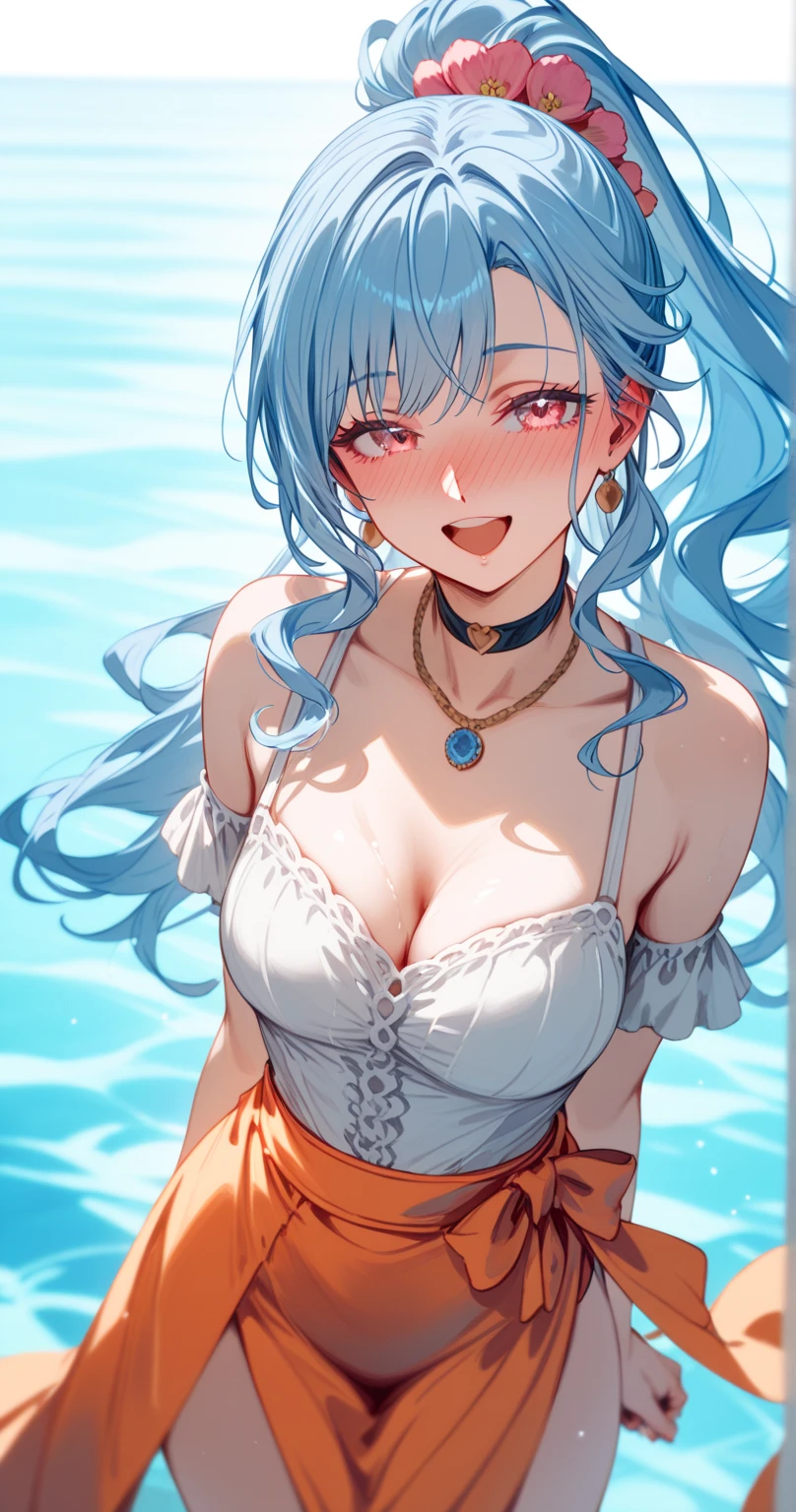 romancing saga 2, long hair, pink eyes, light blue hair, (wavy hair:0.3),
choker, necklace,  light orange Sarong pass,ponytail,
BREAK
25 year old woman、medium breasts, voluptuous  body,Moist eyes、Gentle eyes、Gentle look,looking at viewer ,wide open mouth,nose blush,(pout:0.5),smile,groin,closed eyes
BREAK
high definition , masterpiece,  anatomically correct ,  very detailed,  High Quality 
BREAK
Dienamic sexy pose、In the water、(cowboy shot)