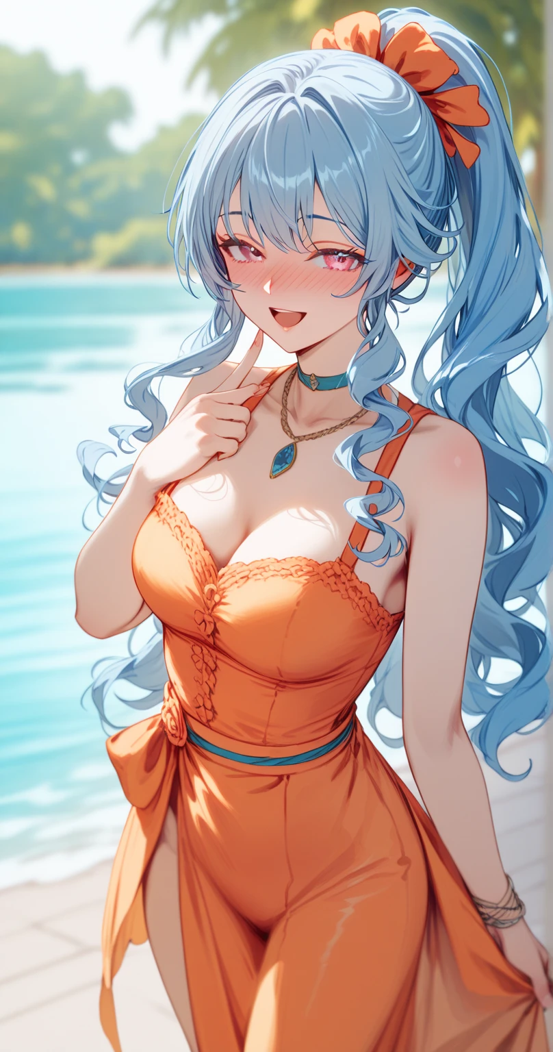 romancing saga 2, long hair, pink eyes, light blue hair, (wavy hair:0.3),
choker, necklace,  light orange Sarong pass,ponytail,
BREAK
25 year old woman、medium breasts, voluptuous  body,Moist eyes、Gentle eyes、Gentle look,looking at viewer ,wide open mouth,nose blush,(pout:0.5),smile,groin,closed eyes
BREAK
high definition , masterpiece,  anatomically correct ,  very detailed,  High Quality 
BREAK
Dienamic sexy pose、In the water、(cowboy shot)